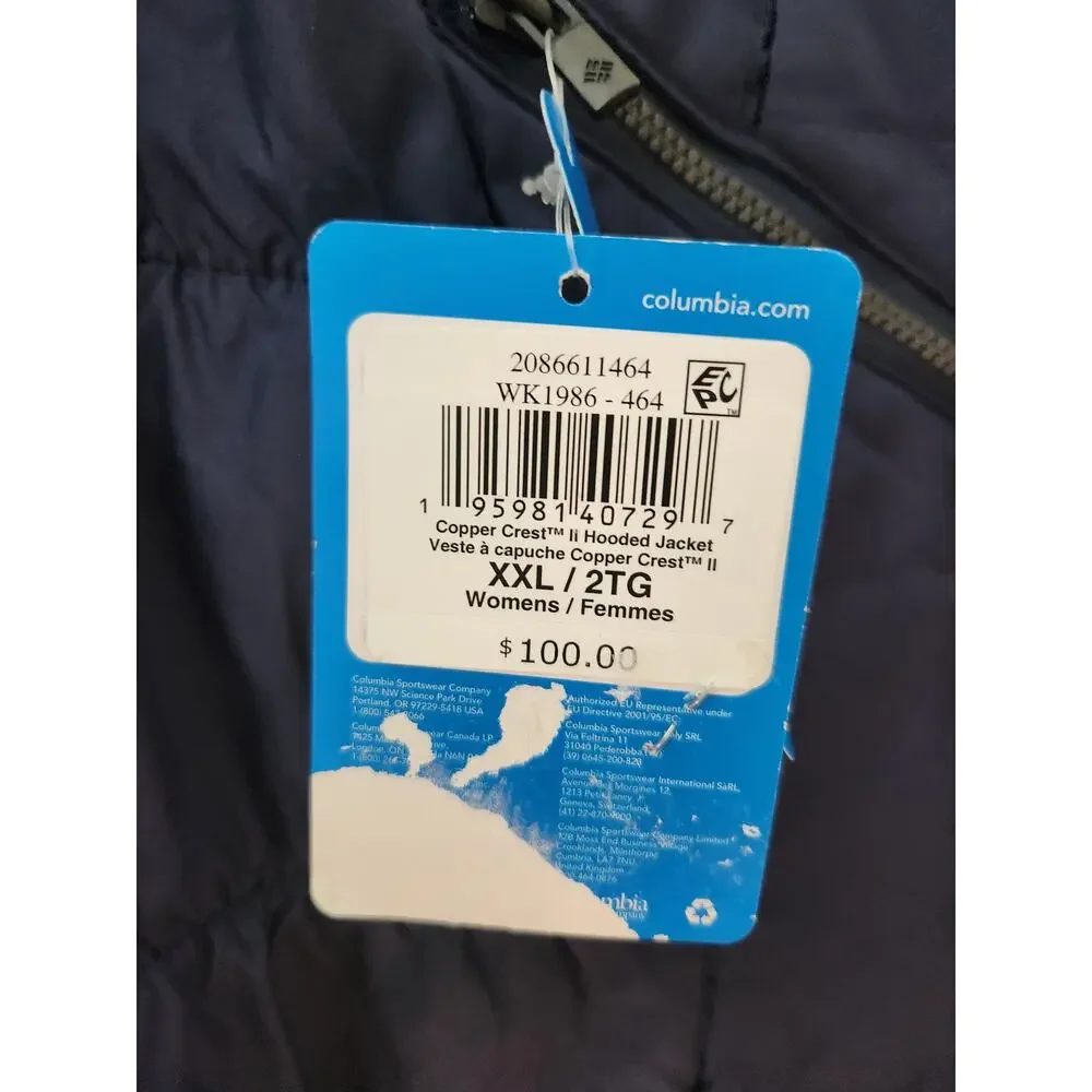 NWT Columbia Women's Copper Crest II Hooded Jacket Coat Blue XL